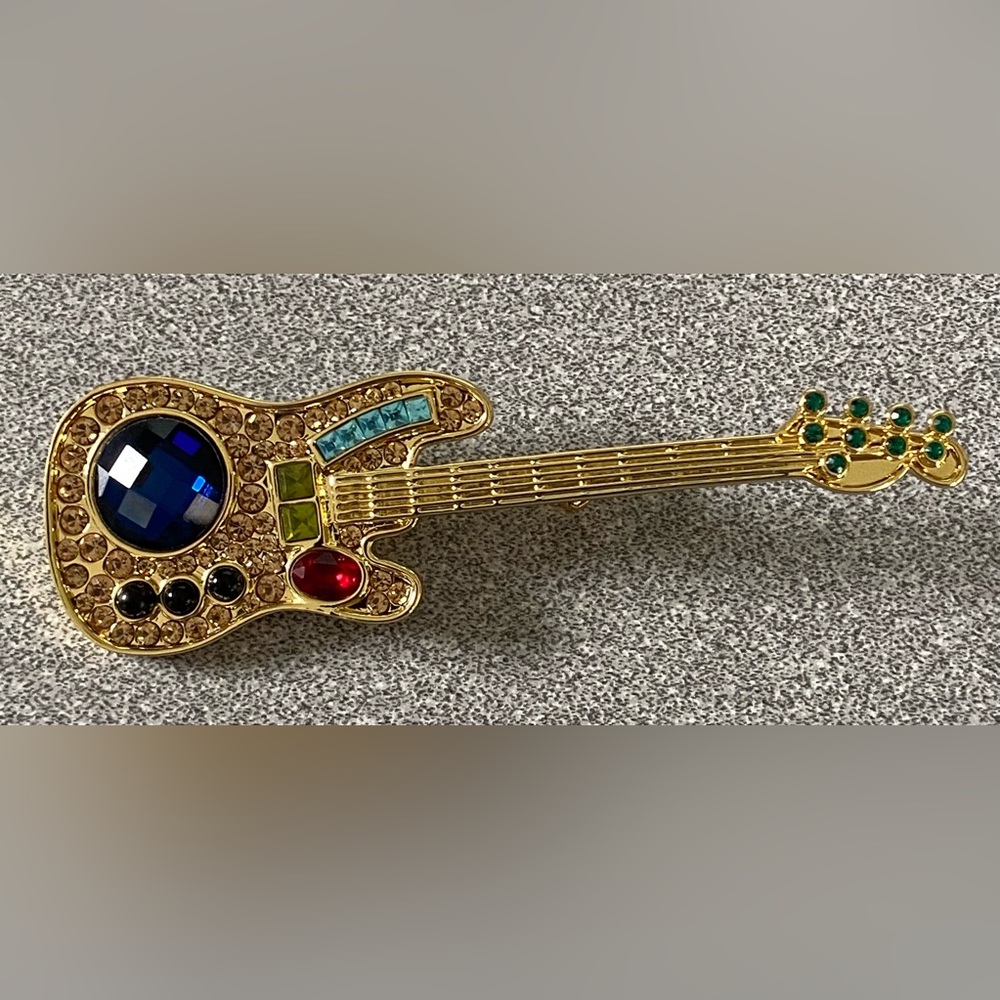 Gold Tone Guitar Brooch / Pin with Crystal Accents-NWOT